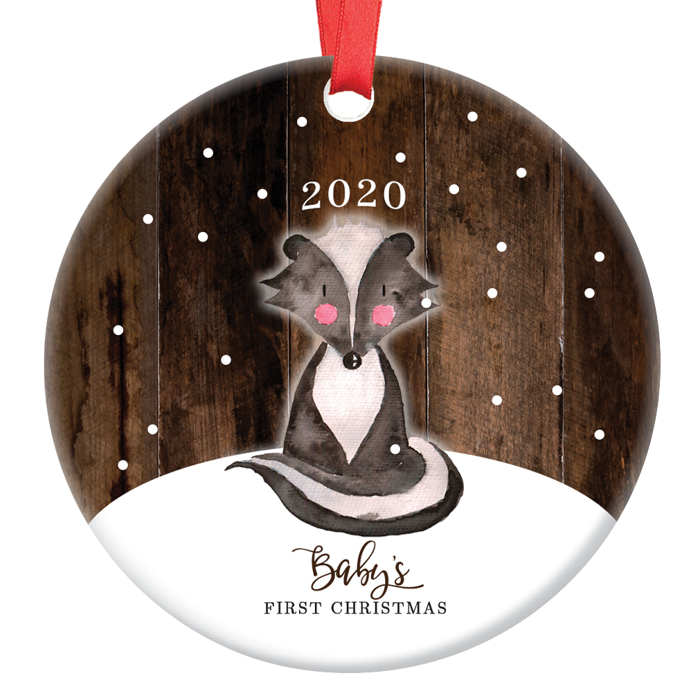 Baby's First Christmas Ornament 2020, Baby Skunk Woodland Animal Porcelain Ceramic Ornament, 3" Flat Circle Christmas Ornament with Glossy Glaze, Red Ribbon & Free Gift Box | OR00194 Joshua - image 1 of 2
