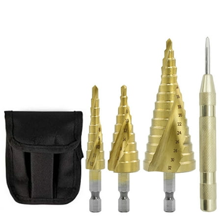 

Step Cone Drill Bit Hole Cutter Dint Tool Hex Shank Step Drills Kit Shank Coated Metal Drill Bit Set with Storage Bag 4-12mm 4-20mm 4-32mm