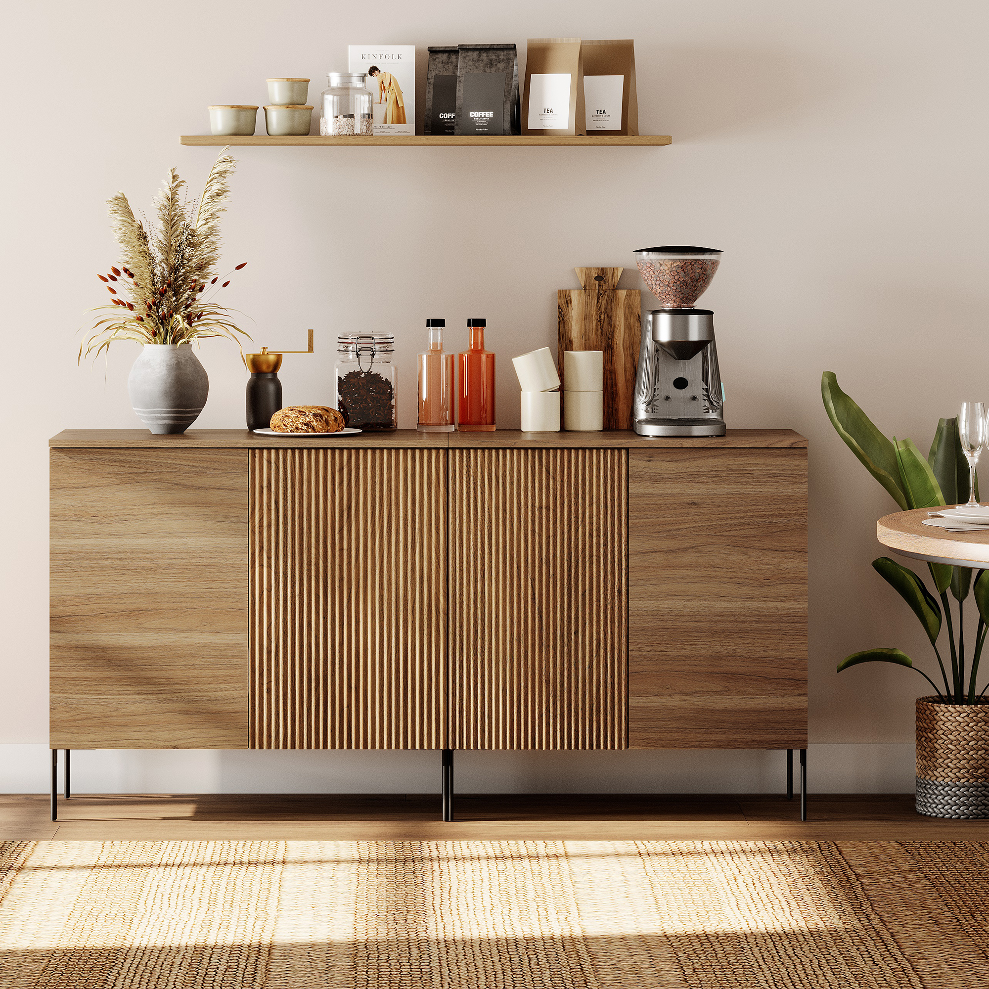 63" Wooden 4 Doors Sideboard with Reeded Design, 2-In-1 Modern Credenza Storage Cabinet for Kitchen, Dining Room