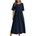 thumbnail image 2 of Munlar Women's Loose Midi Dress Pleated Ruffle Dark Blue Long Dress Short Sleeve Summer Casual Sundress, 2 of 6