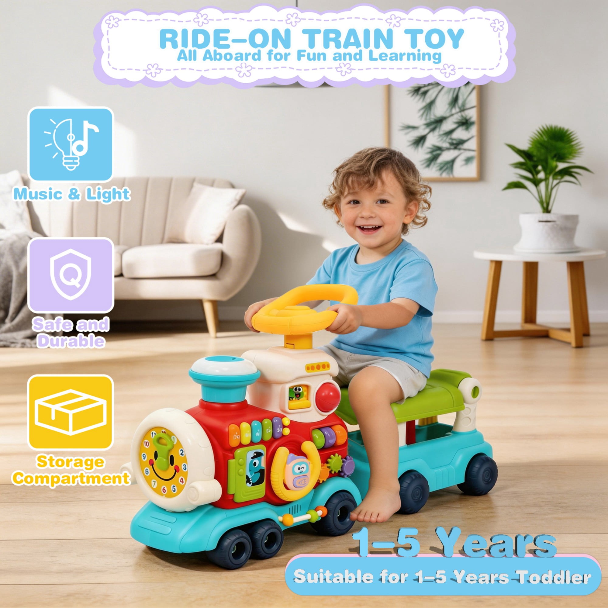 FVLOENG Baby Push Walkers Activity Table Center  4 in 1 Push Pull Sit and Ride Train Toys, Music Panel for 12 Months+ Early Educational Gift Infant Boys Girls