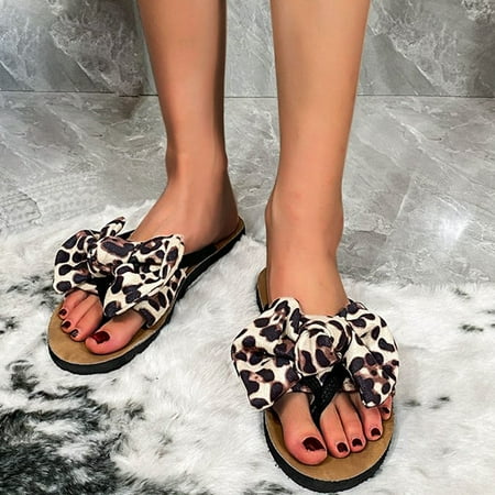 

AXXD Sandals Women Casual Fashion Flip Flops Leopard Print Bow Flat Beach Shoes(8.5 Beige)