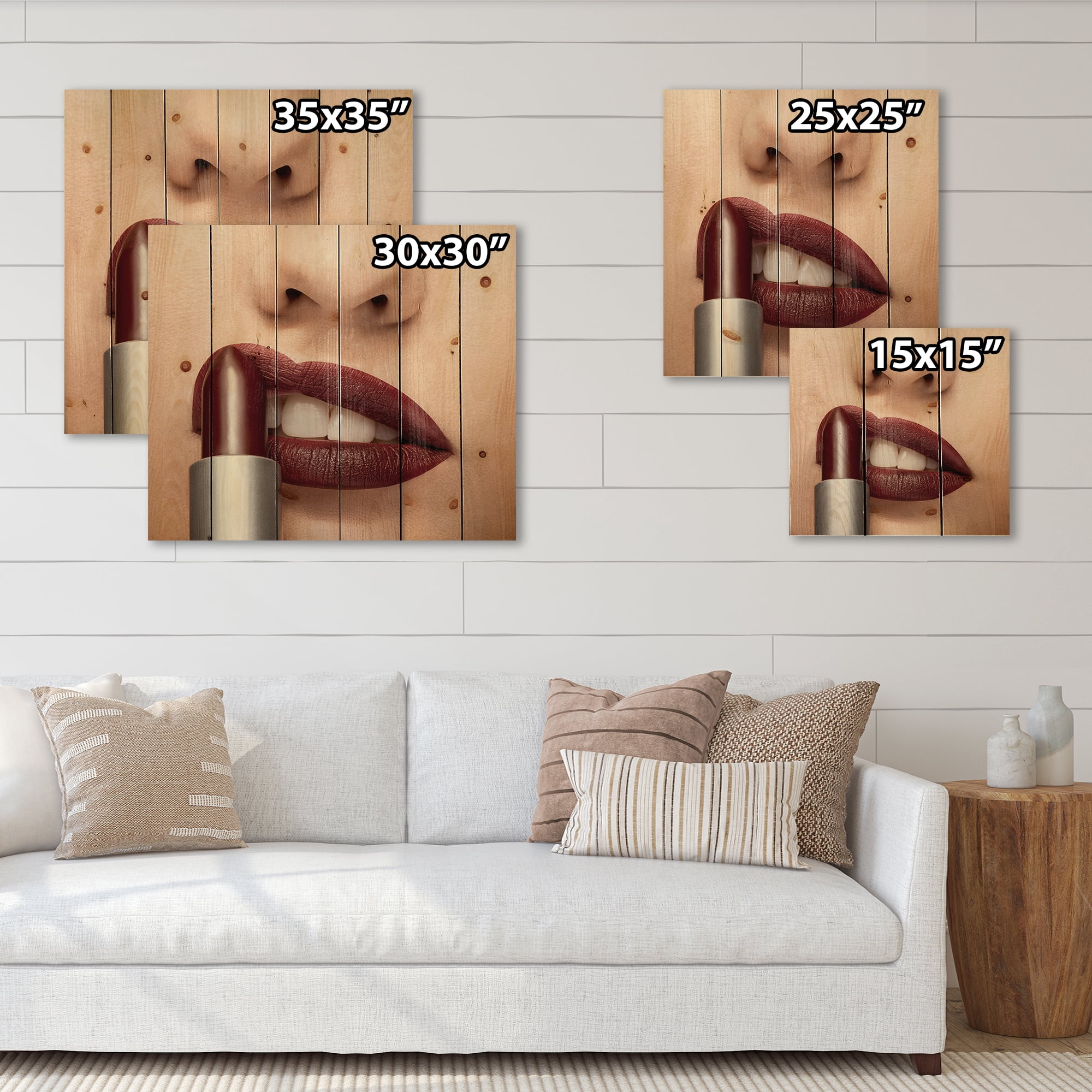 Designart 'Red Lipstick Getting Applyed On Woman Lips' Modern Print on Natural Pine Wood