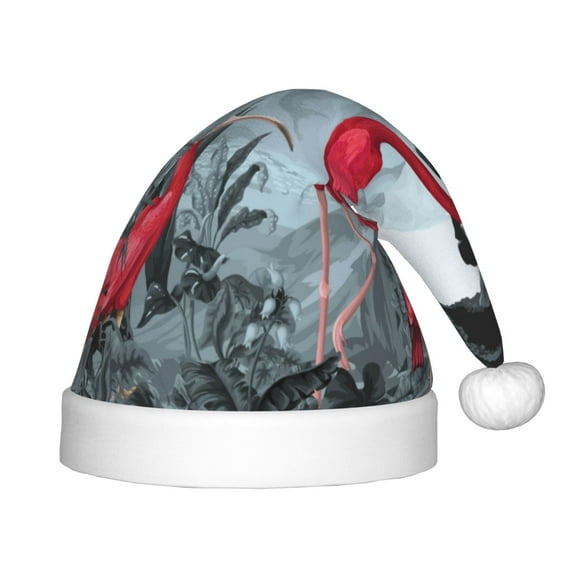 Fuzoiu Flamingo On The Jungle Print Santa Hat Christmas Hat for kids,Santa Hats with Pompom, Unisex Xmas Holiday Hat for Christmas New Year Festive Party Supplies