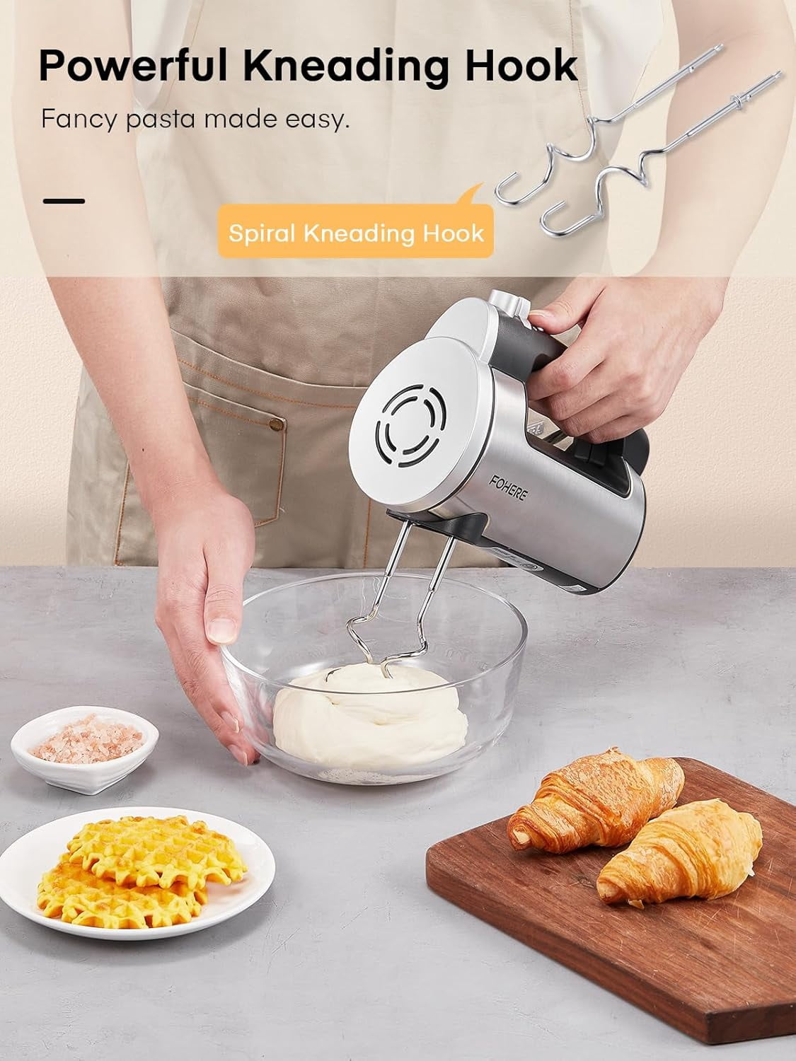 Hand Mixer Electric Handheld, 6 Speed & Turbo Mixer, 300W Handheld with 2 Stainless Steel Whisk and Dough Hook for Whipping, Mixing Cookies, Brownie, Cakes, Batters, Silver