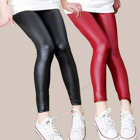 

MyBeauty Pencil Pants High Elasticity Wear-resistant Casual Girls Solid Color Faux Leather Pants for Outdoor Wine Red 7-8 Years
