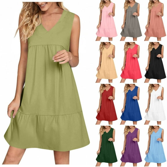 Kmdttou Dresses for Girls/Women Summer V-Neck Solid Color Casual High Waisted Sleeveless Dress Beach Sundress with Pockets Gift for Women