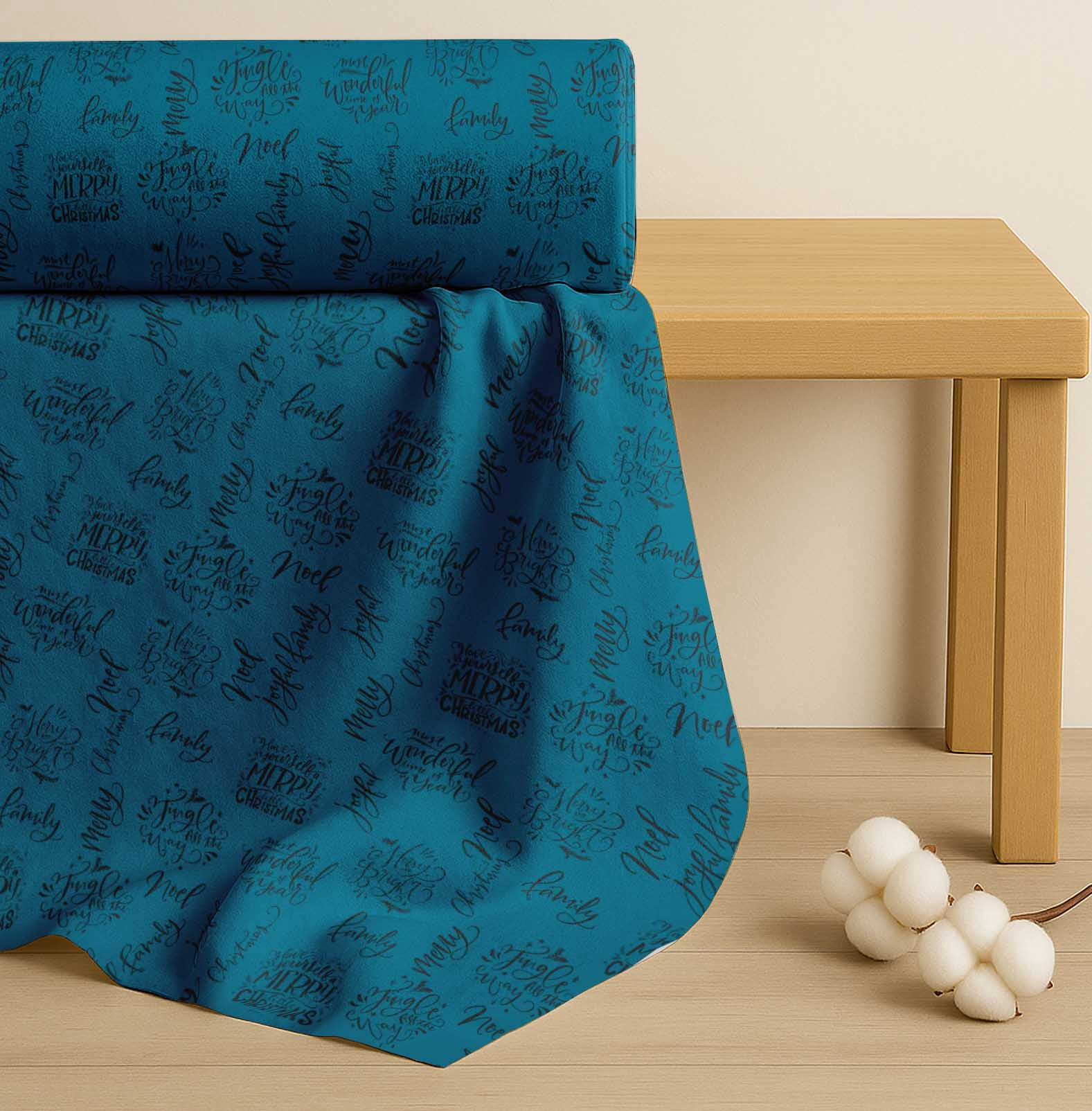 Soimoi Blue Cotton Cambric Fabric Merry Christmas Text Print Fabric by the Yard 42 Inch Wide
