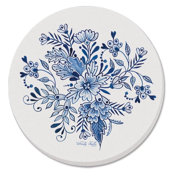 Thirstystone Florals In Blue & White 4-Pack Round Absorbent Stone Coasters
