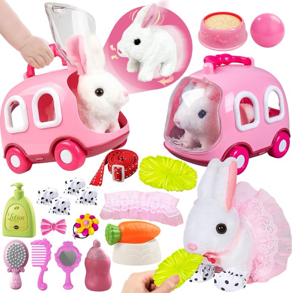 STAY GENT Jouets Lapin pour Enfants, Ensemble de Jeu Lapin en Peluche Oreilles Qui Sautent et Qui Remuent, 21 Pcs Lapin en Peluche Réaliste Nourrissant Toilettage & Cage Interactive Lapin Électrique de Pâques