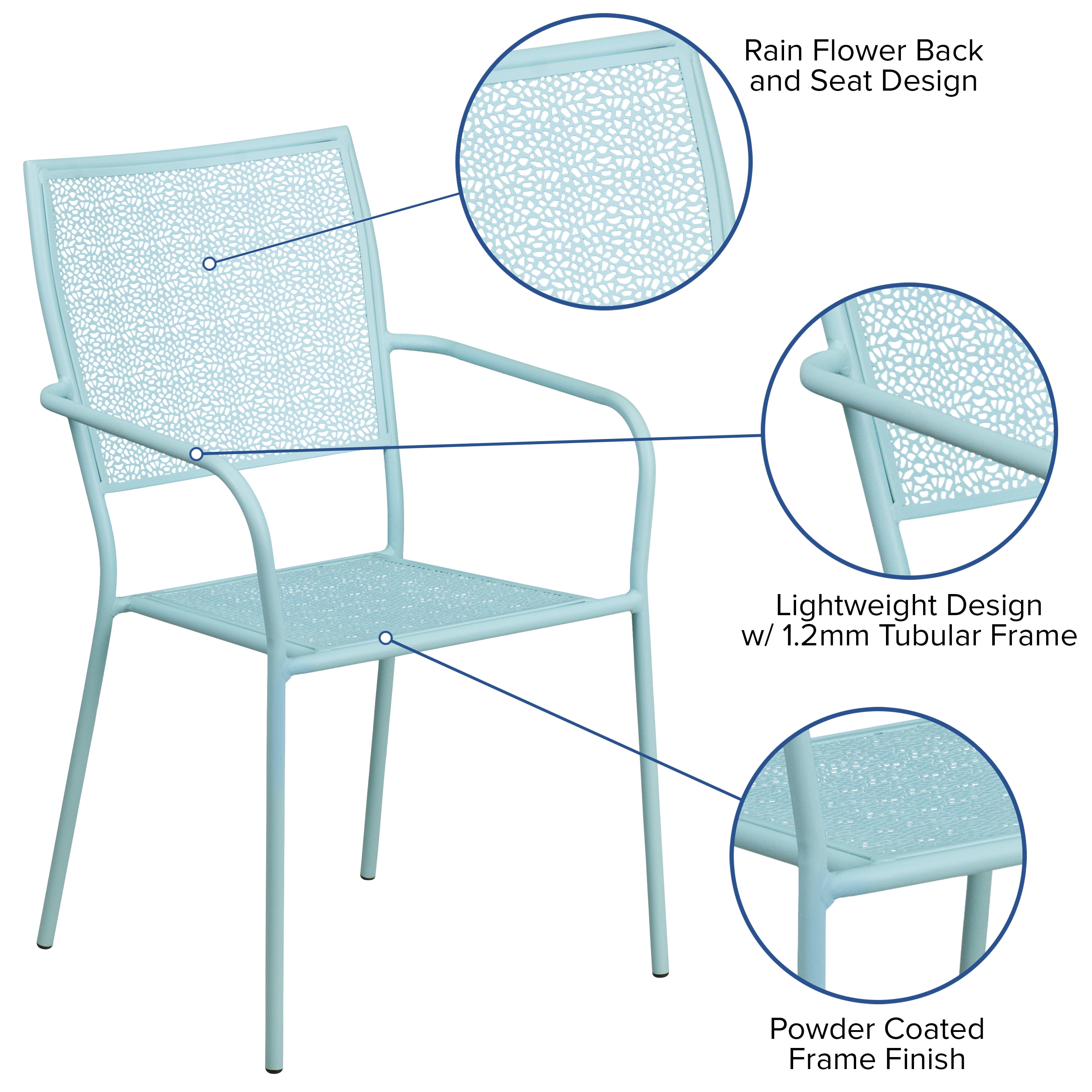 Emma + Oliver Commercial Grade Sky Blue Indoor-Outdoor Steel Patio Arm Chair with Square Back