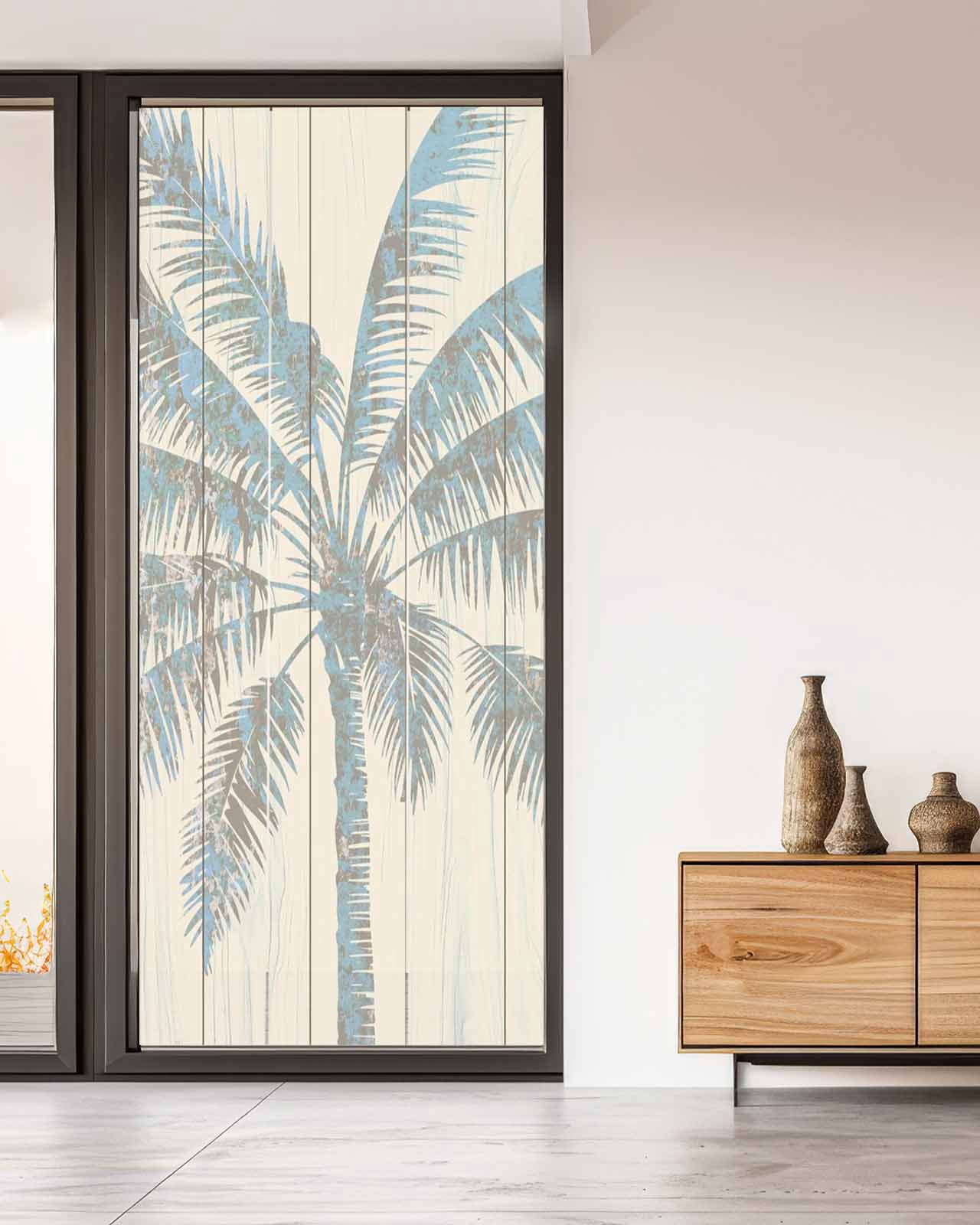 Window Privacy Film Summer Palm Trees Stained Glass Window Film Decorative Sun Block Window Cover Tropical Plants Vintage Wood Grain Window Clings Static Adhesive Sticker for Bathroom 35.4"x78.7"