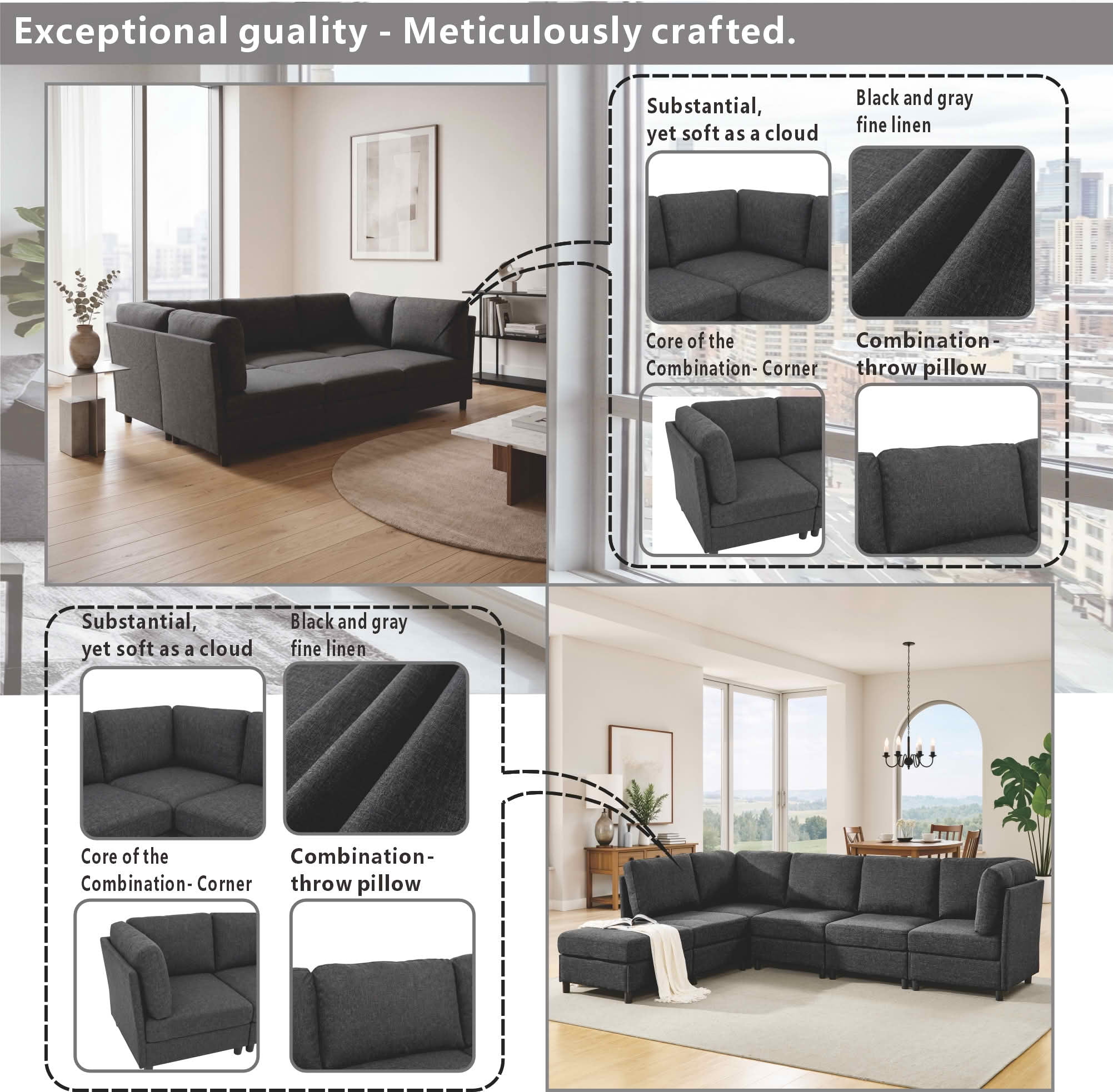 MAYEERTY 94.5 Inch Modular Corner Sectional Sofa, Freely Configurable Modern Couch with Convertible Ottoman & Sturdy Support Legs