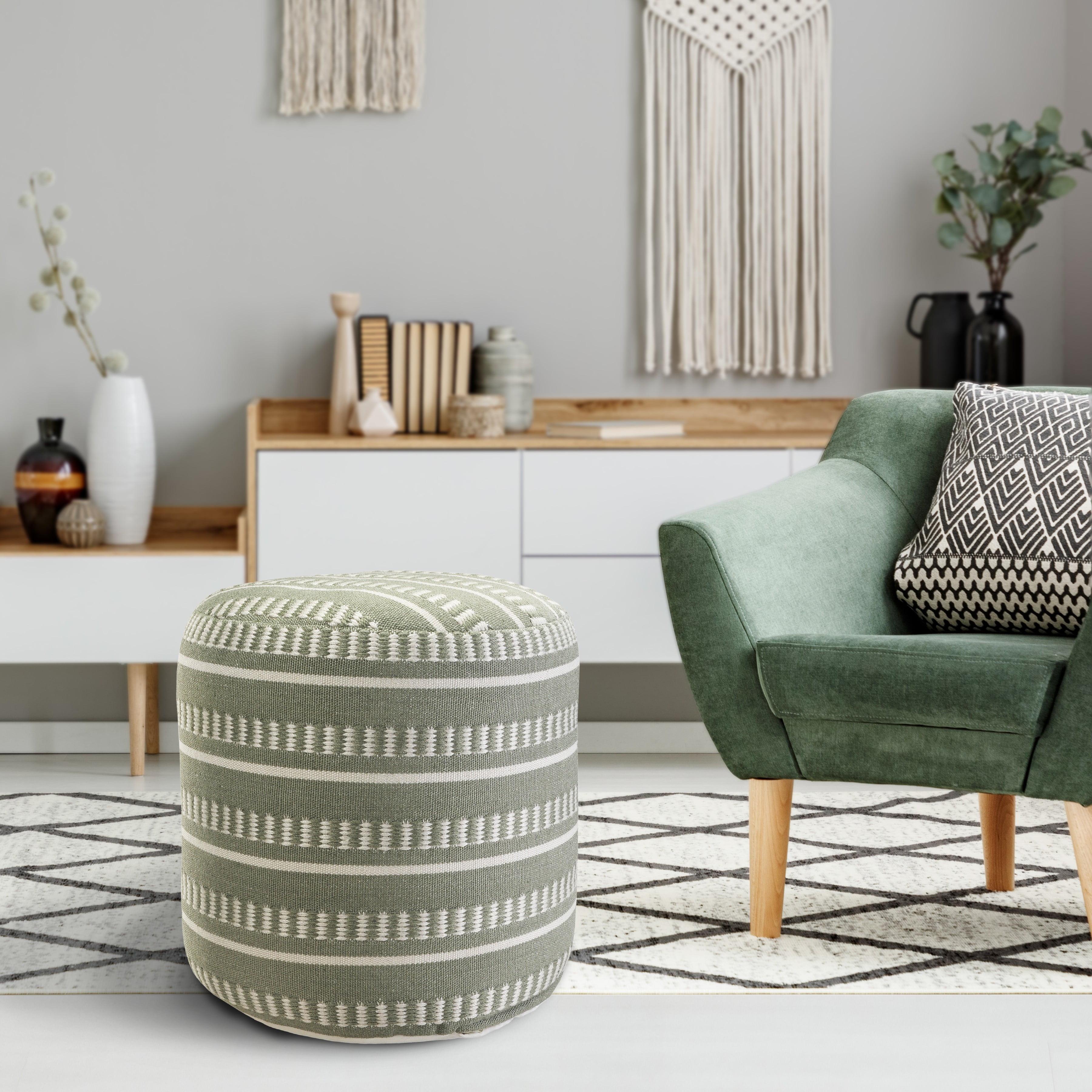 LR Home Medium Striped Indoor/Outdoor Cylinder Pouf, Sage Green/White, 20" x 20" x 20"