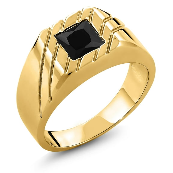 Gem Stone King 1.70 Ct Princess Black Onyx 18K Yellow Gold Plated Silver Men's Ring (Size 13)