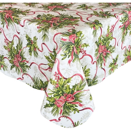 

Newbridge Christmas Holly Traditions Floral Vinyl Tablecloth With Flannel Backing Red Holly Berry and Ribbons Multicolor Holiday Easy Care Wipe Clean Tablecloth 60” x 84” Oval