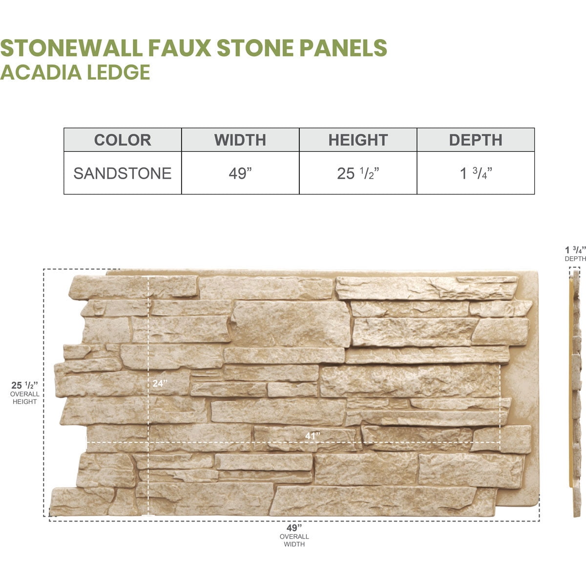 Ekena Millwork 49"W x 25.50"H x 1.25"D Acadia Ledge Stacked Stone, StoneWall Faux Stone Siding Panel, Sandstone
