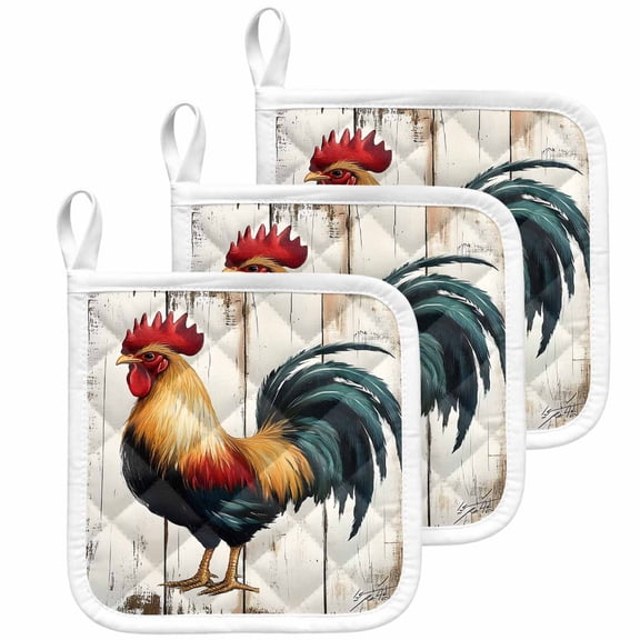 Farmhouse Rooster Pot Holders for Kitchen Heatproof Potholder, 3 Pack Vintage Farm Animals Green Red Hot Pads Multipurpose Oven Pads Cloth Potholders Trivet for Cooking Baking