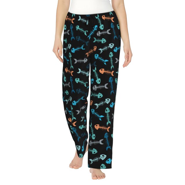 Fotbe Little Fish Skeleton Pantalones de Pijama para Mujer, Pantalones de Dormir, Pantalones Pj con Cordón y Bolsillos-Medium
