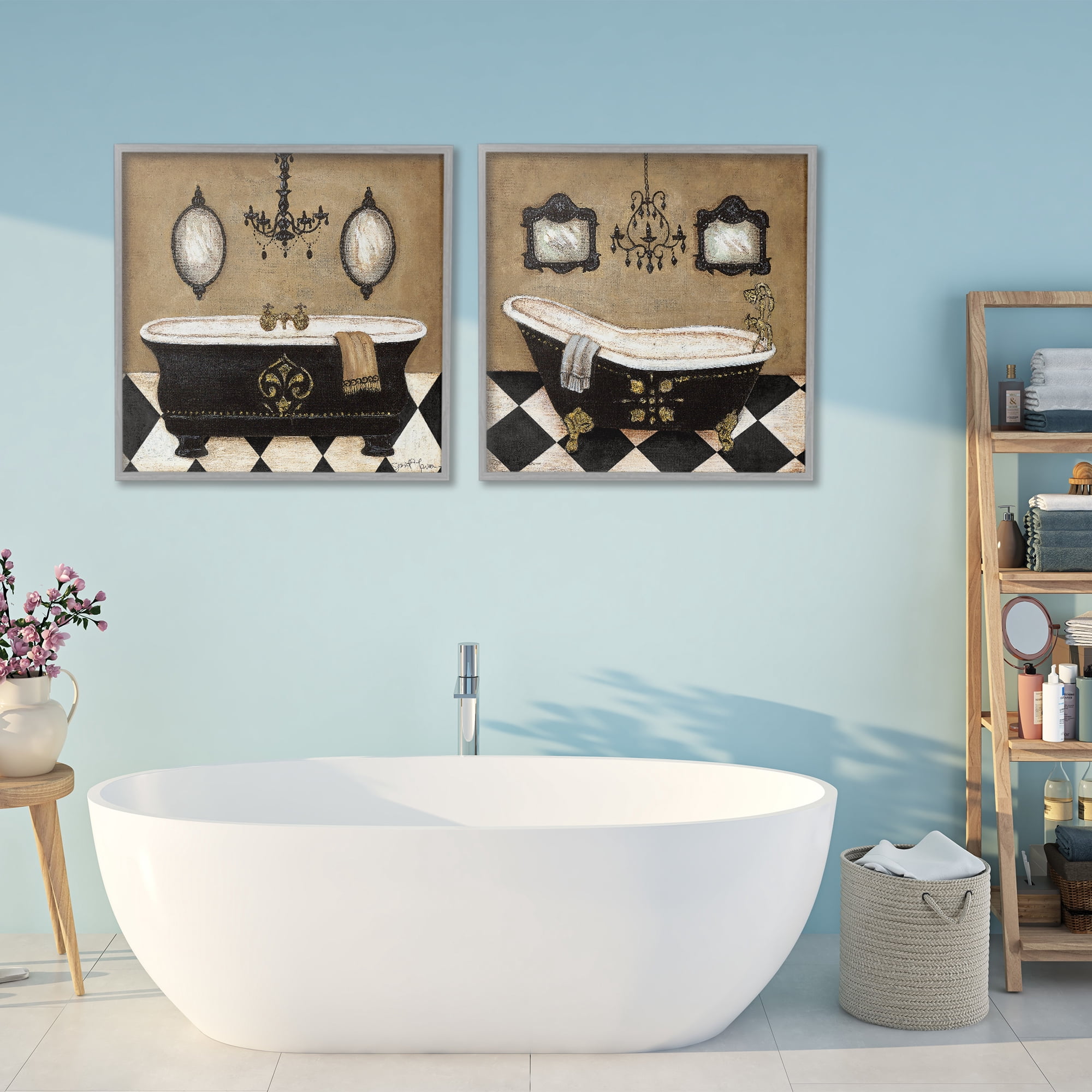 Stupell Industries Elegant Bathroom with Chandeliers 2 Piece Gray Framed Giclee Art Set, design by Janet Tava