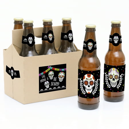 Day Of The Dead - Halloween Sugar Skull Party Decorations for Women and Men - 6 Beer Bottle Label Stickers and 1 Carrier