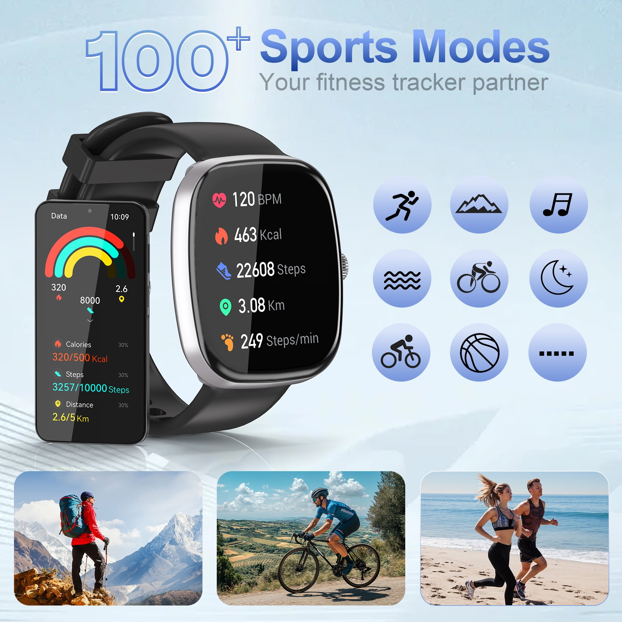 TPUFO Smart Watch Fits for iPhone and Android, 1.85-inch HD Fitness Tracker with Bluetooth Call Function, 120+ Sport Modes, IP68 Waterproof, Black