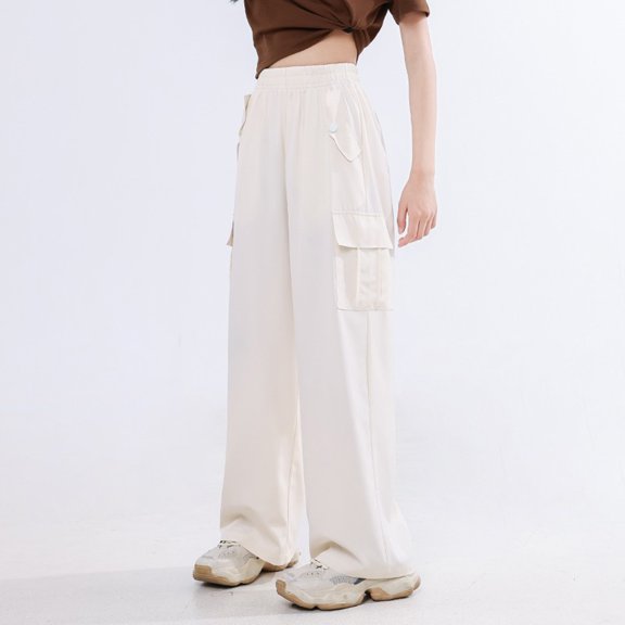 Wuxian Girls Cargo Pants Solid Color High Waist Wide Leg Drawstring Elastic Baggy Sweatpants Multi Pockets Ankle-Tied Active Joggers Casual Travel Hiking Streetwear Trousers,Beige,4-5 Years