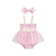 thumbnail image 2 of Aojekbee Baby Girl Summer Outfit, Plaid Daisy Embroidery Sleeveless Shirred Mesh Romper Dress Bow Headband Toddler Set, 2 of 10