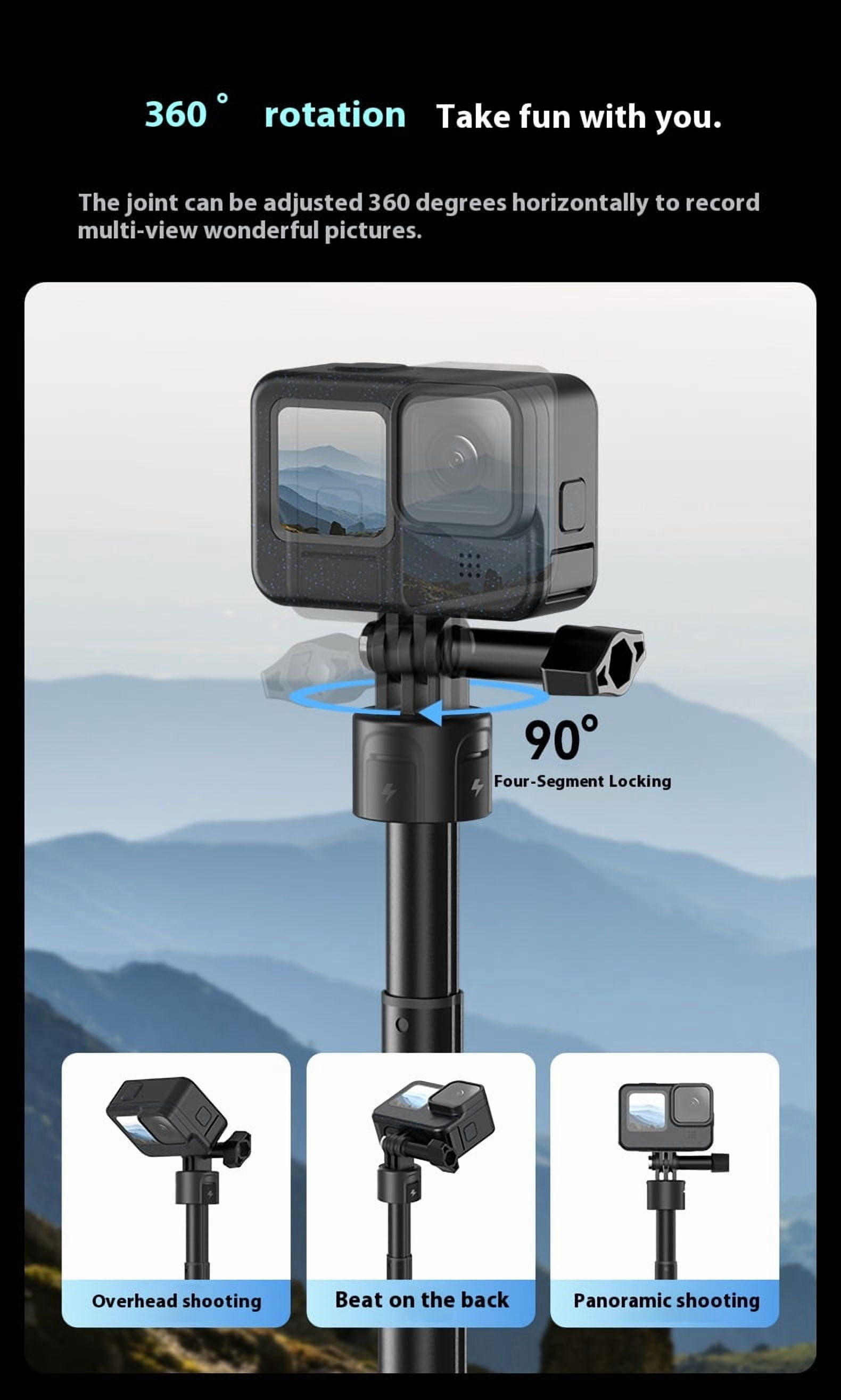 Bigcan Charging Remote Control Tripod Selfie Stick for GoPro Hero 13/12/11/10 – Extendable to 45cm, Magnetic Base, 5000mAh Battery, 360° Adjustable, Bluetooth Remote, USB-C Charging