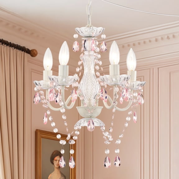 White and Pink Plug-in Crystal Chandelier – Elegant 5-Light Acrylic Ceiling Light Fixture with Long Cord for Bedroom, Nursery or Small Spaces
