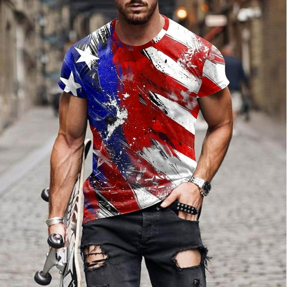 Aobny Fourth of July T-Shirts Patriotic American Flag Mens Shirt Big & Tall Muscle Short Sleeve Mens Shirt,Blue,L