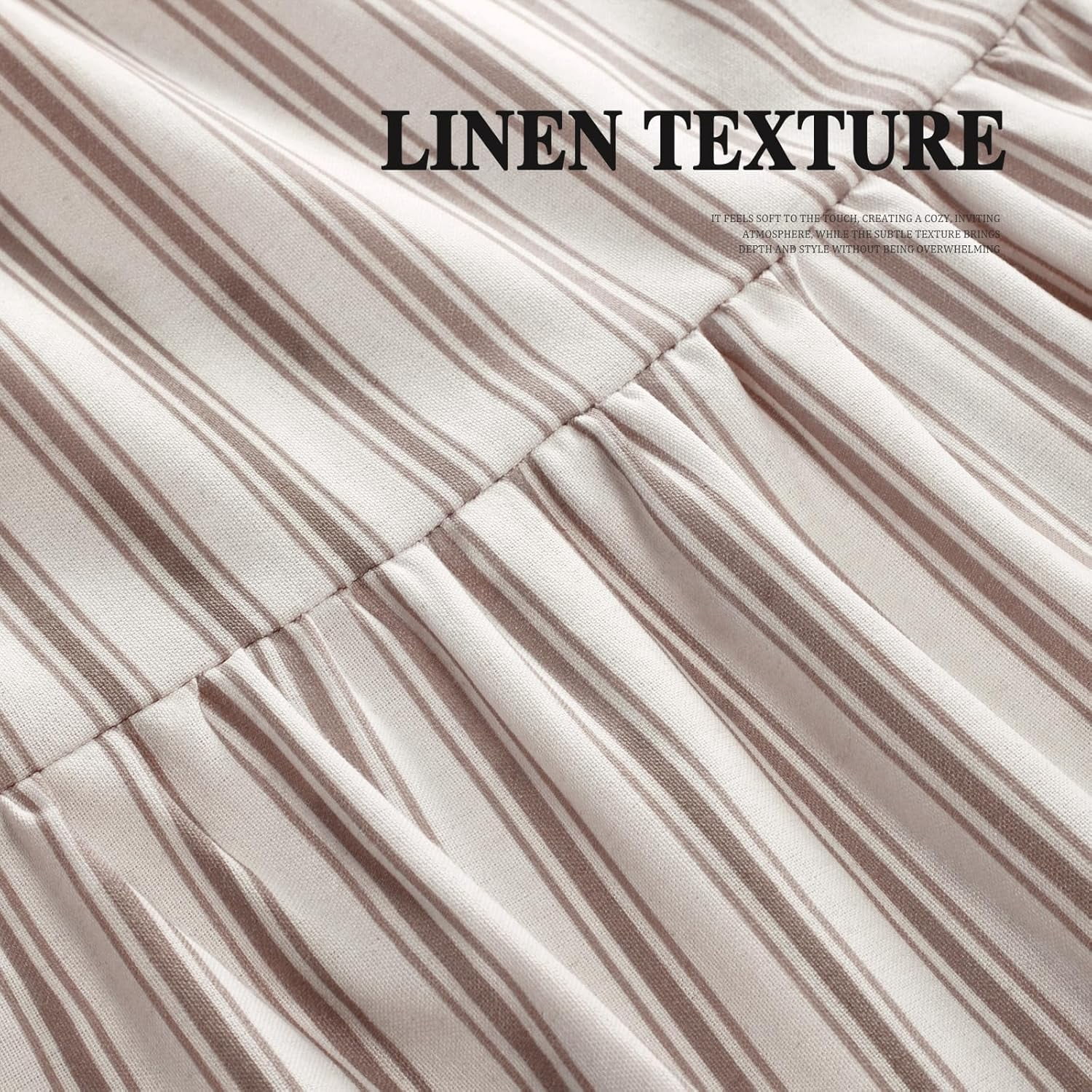 Boho Farmhouse Shower Curtain with Ruffle Hem, Linen Textured White Shower Curtains for Bathroom Vintage Rustic Fabric, Brown Stripe 72" W x 72" L
