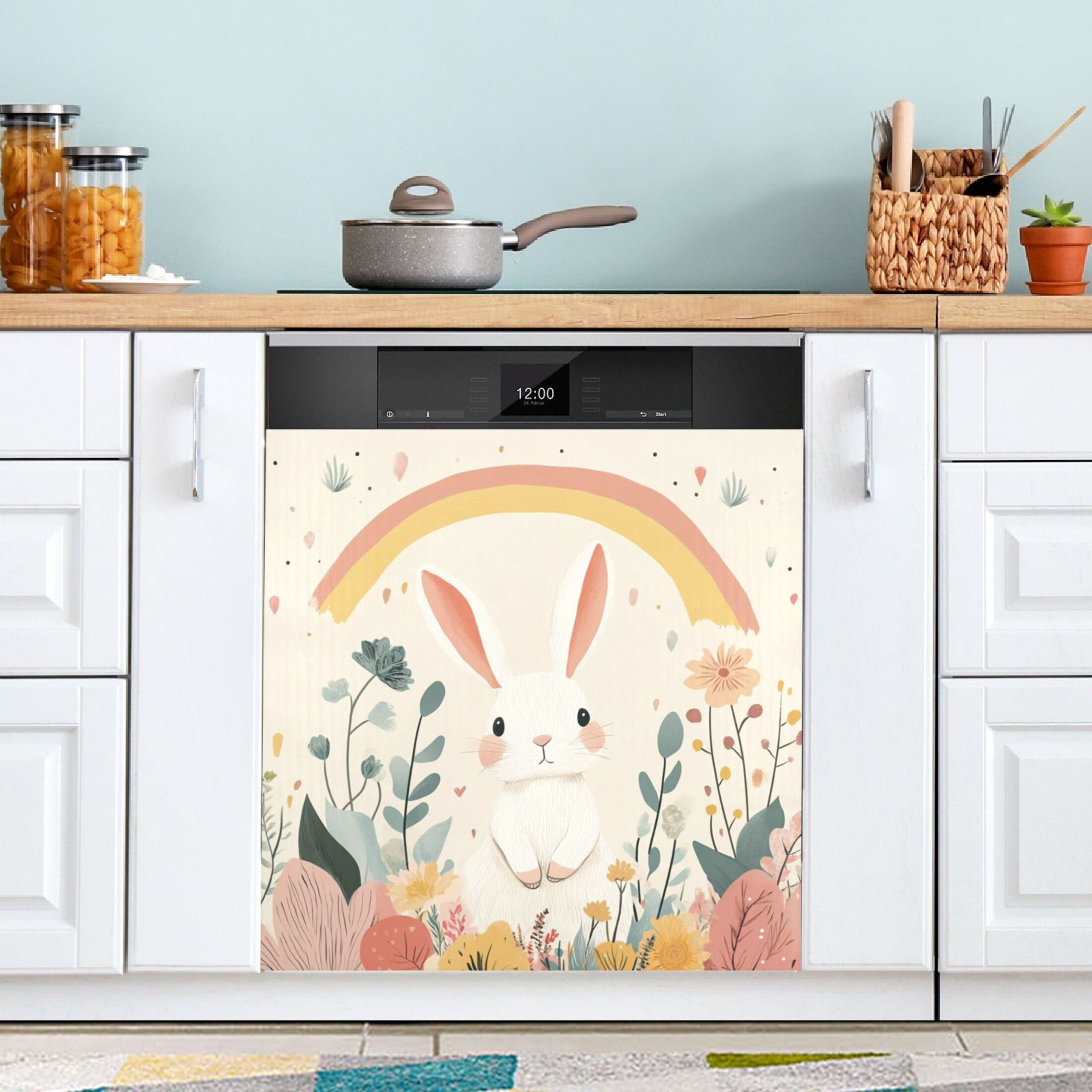 Dishwasher Magnetic Sticker 23x26 Inch Refrigerator Magnetic Sticker Washing Machine Magnetic Sticker Kitchen Panel Magnetic Sticker Home Decor Rainbow Cute Rabbit