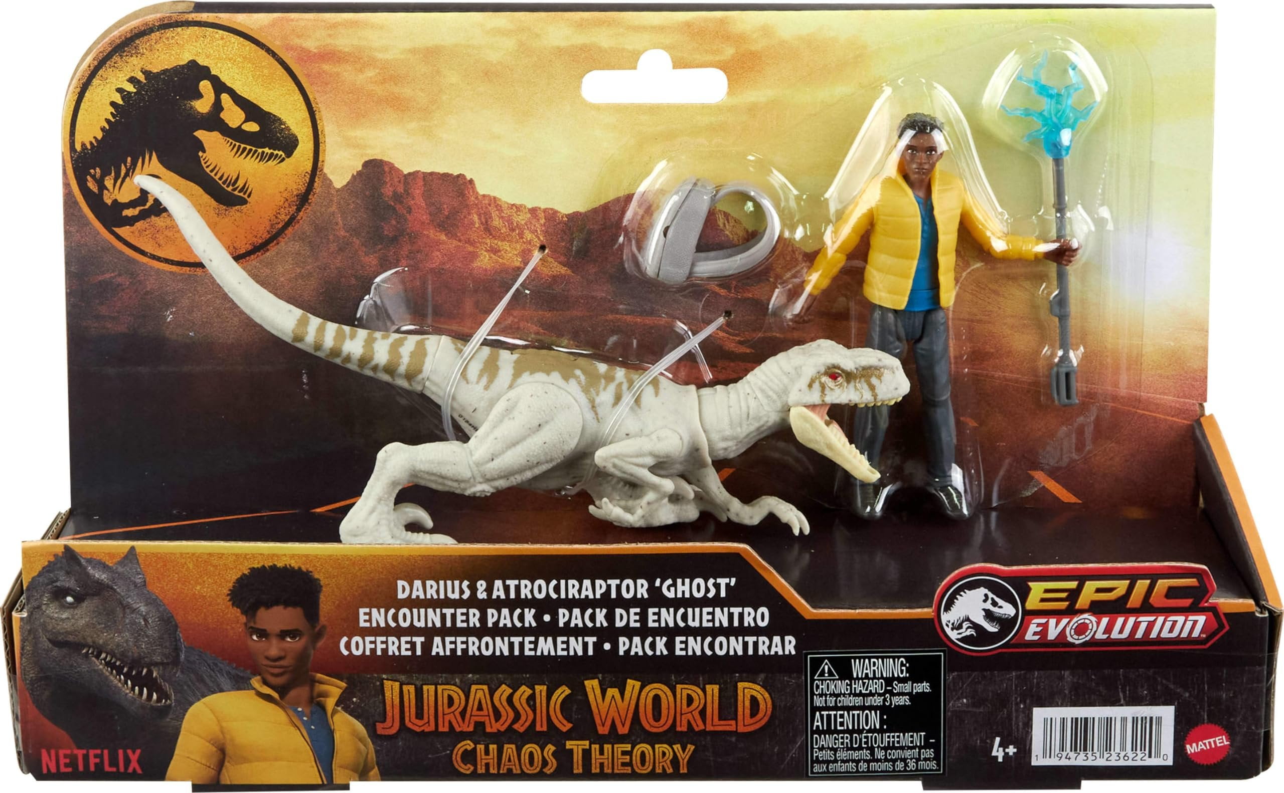 Mattel Jurassic World Chaos Theory Storypack, Human & Dinosaur Action Figure Encounter Pack, 3.75-inch Scale Darius & Atrociraptor Ghost & 2 Accessories