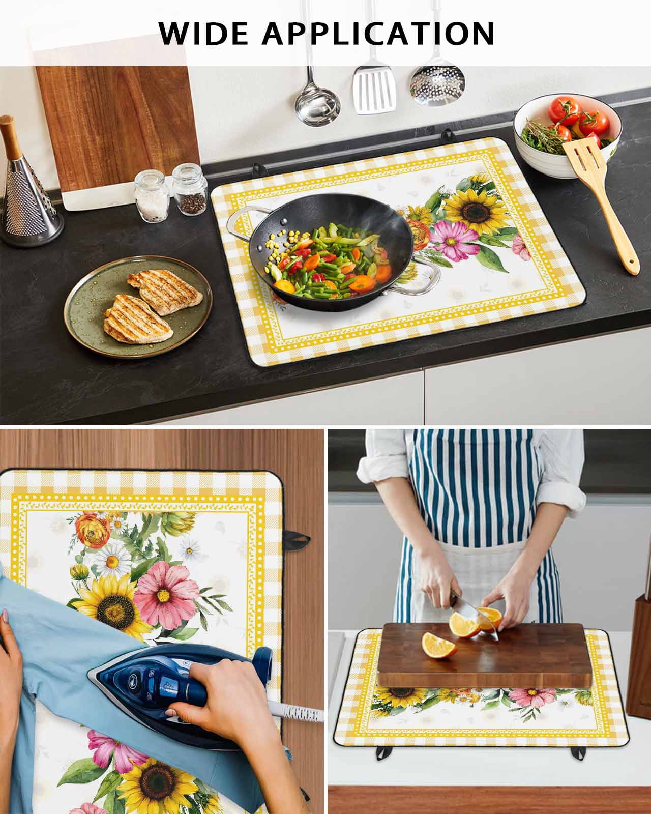 Large Induction Cooktop Protector Mat Sunflower Stove Top Covers for Electric Stove, Pink Yellow Floral Elegant Pastoral Checkered Decorative Stove Burner Cover Mats, Glass Top Stove Cover