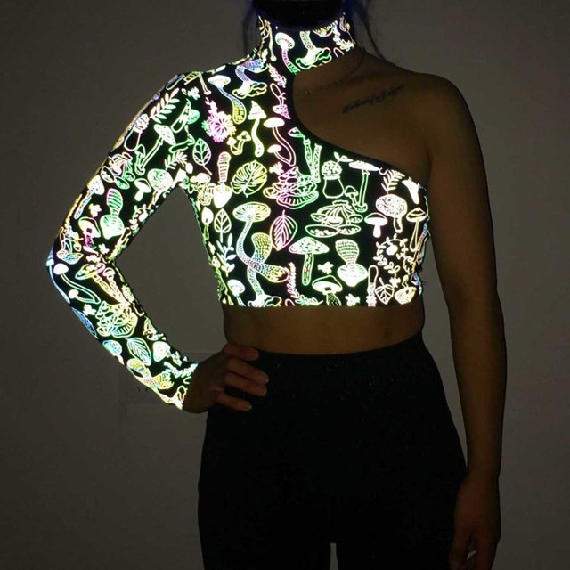 Penkiiy Mujeres Reflectante Un Hombro Top Manga Larga Irregular Cargo Top Crop Blouses M Multicolor