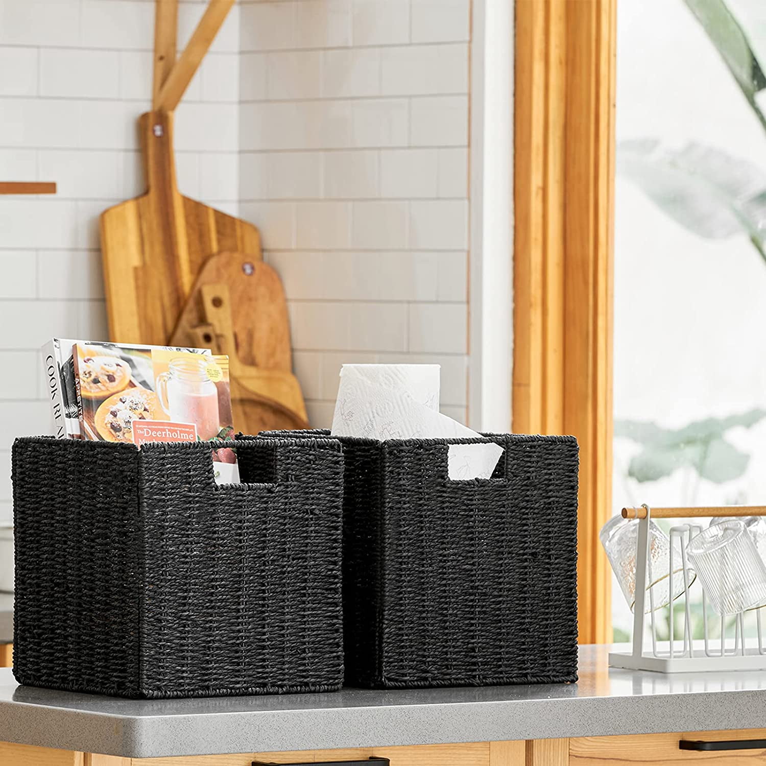 Storage Basket, Set of 2 Hand-Woven Storage Baskets for Organizing with Handles, Foldable Cube Storage Baskets Bins Organizer, 13 inch Large Wicker Baskets for Shelves & Decor, Black