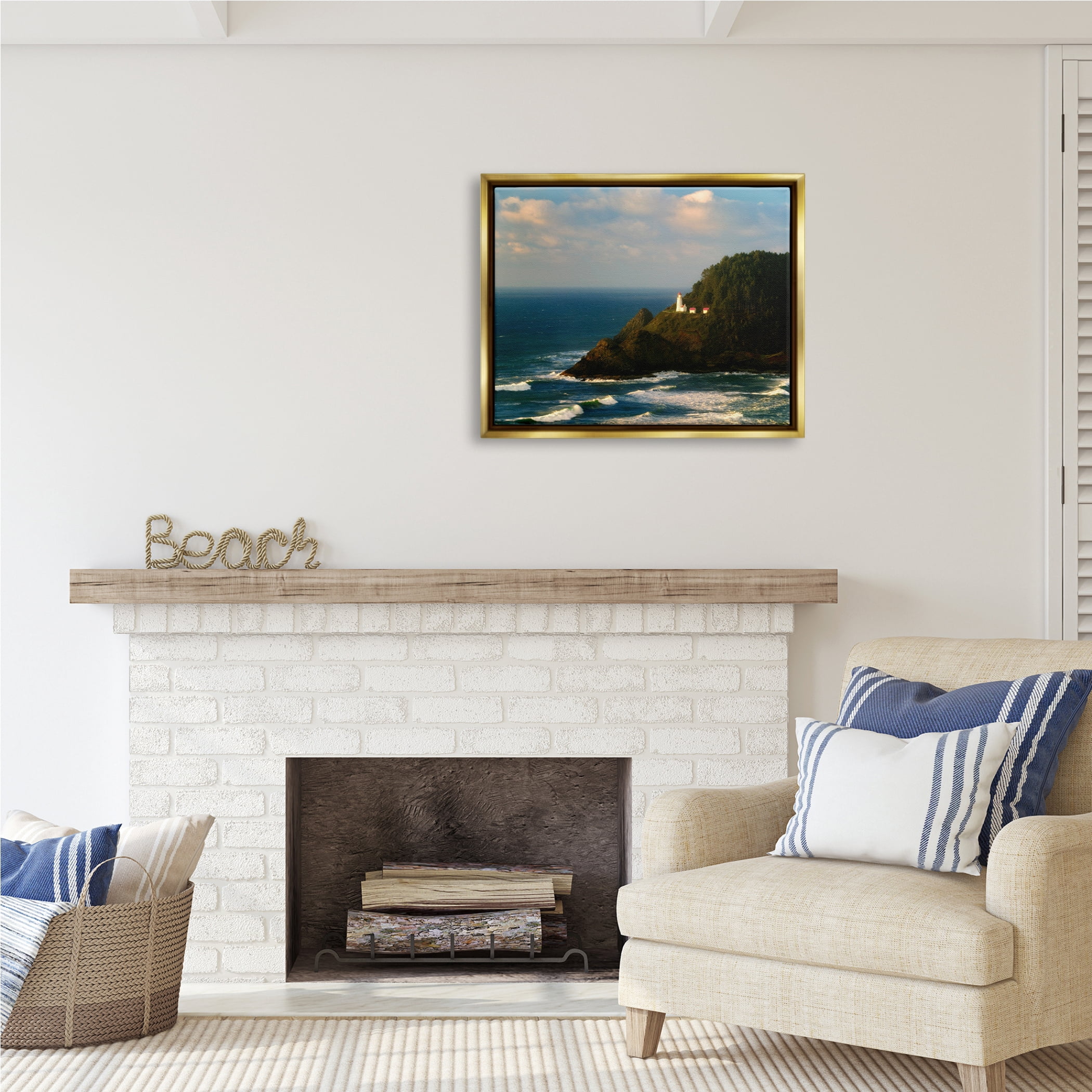 Stupell Industries Lighthouse Ocean Cliffs Nature Photography Gold Floater Framed Art Print Wall Art, 31 x 25