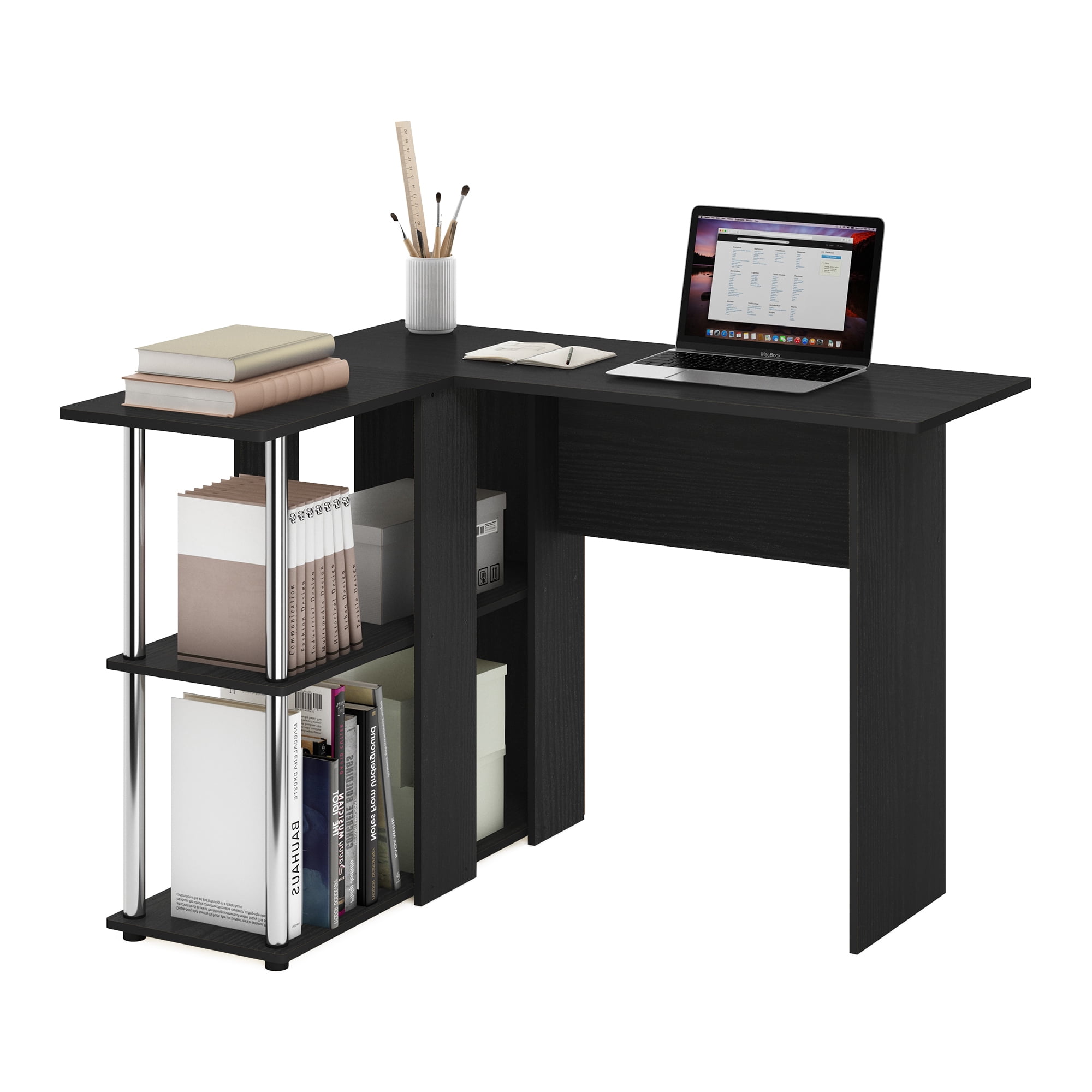 Furinno Abbott L-Shape Desk with Bookshelf Americano Stainless Steel Tubes