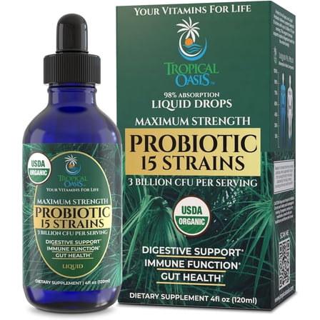 Tropical Oasis USDA Organic Probiotic Drops for Men, Women and Kids, Max Strength Liquid Vitamin Supplement 15 Strains of Probiotic 3 Billion CFU, Digestive & Immune Support, 4 fl oz, 160 Servings