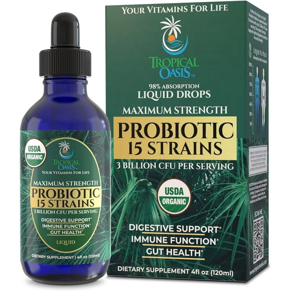Tropical Oasis USDA Organic Probiotic Drops for Men, Women and Kids, Max Strength Liquid Vitamin Supplement 15 Strains of Probiotic 3 Billion CFU, Digestive & Immune Support, 4 fl oz, 160 Servings