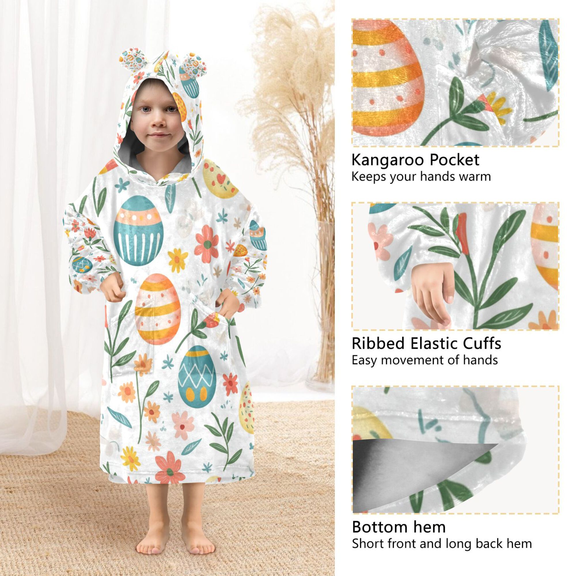 FORMRS Wearable Blanket Hoodie with Sleeves for Kids Cozy Flannel Sweatshirt, Floral Easter Eggs