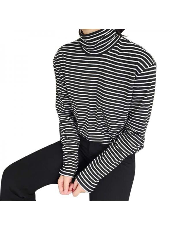 Weefy Women Turtleneck Striped Long Sleeve Tops Blouse Casual Basic T-Shirt, Women's, Size: Tag XL/US Large, Black