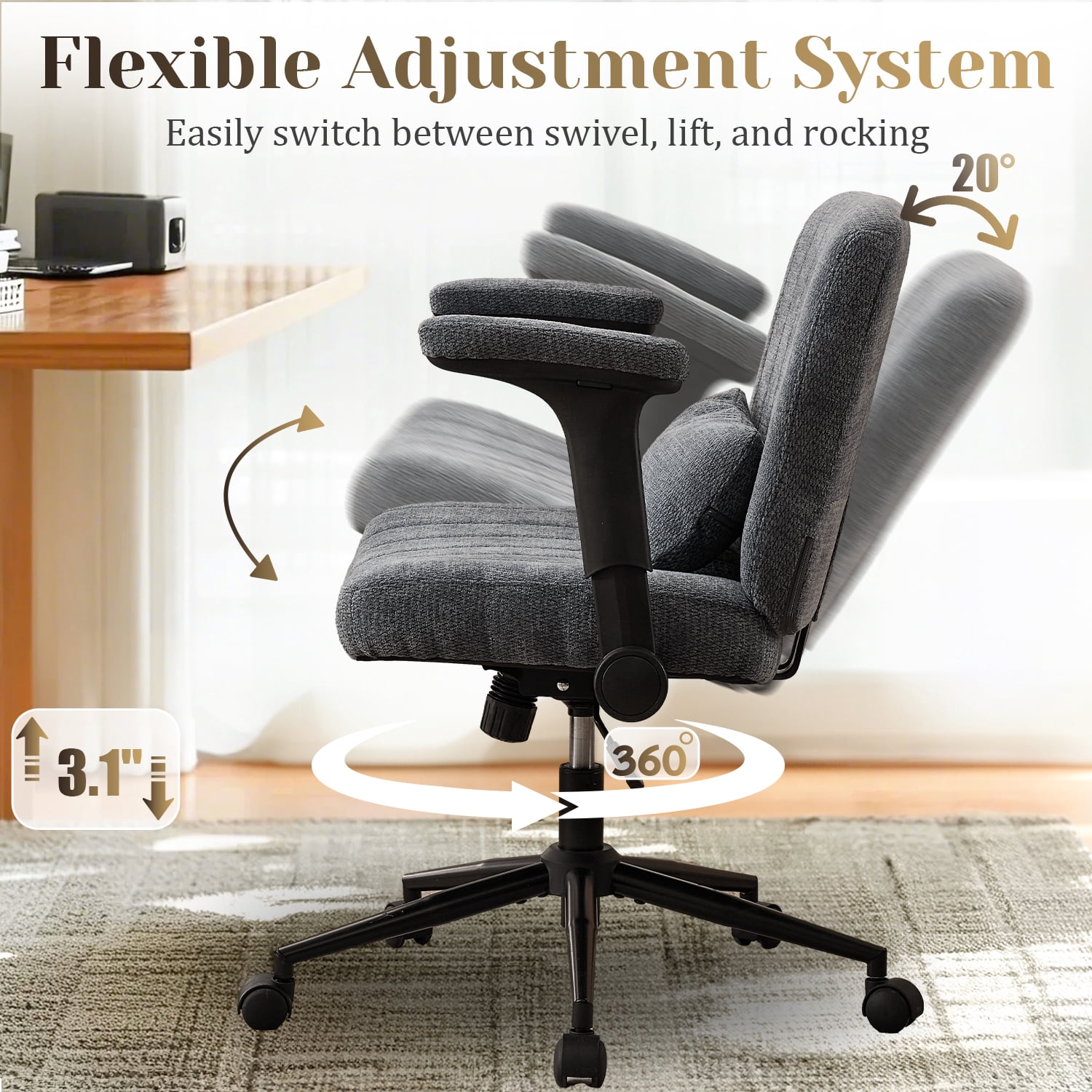 IPKIG Ergonomic Office Chair with Wheels and Flip-Up Arms, Wide Seat Swivel Desk Chair for Home Office, Computer, Vanity, Chenille Dark Gray