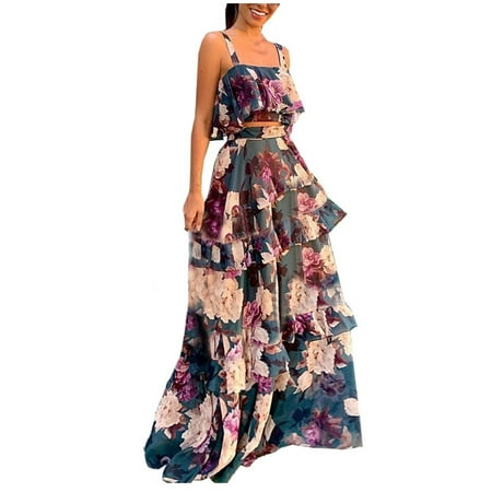 

QJYINGYI Short Sleeve Round-Neck Blouses & Shirts Sets Maternity Tank Top WOMA5442 Women Sexy Wedding PrintDress Mopping Long Skirt Two PC Suit (Strap Top+Sirt) Purple M