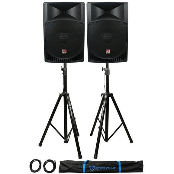 Pair Rockville RPG15 15" 2000w Powered PA/DJ Speakers   2 Stands   2 Cables Bag