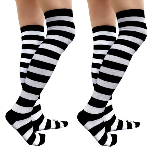 COUVER Women Striped Over Knee Stockings, Black White, 2 Pairs