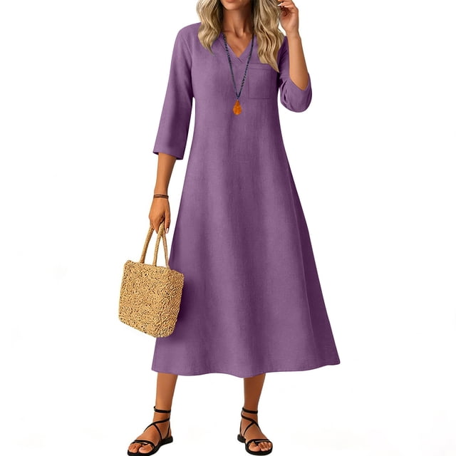 Robes Formelles Grande Taille pour Femmes Robe en Coton et Lin à Manches 3/4 Robe Maxi Bohème d'Été Décontractée Ample pour Femmes Fluide Évasée Robes de Vacances Violet G