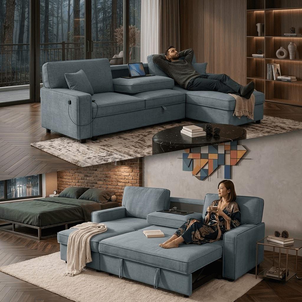 Howcool Sectional Sleeper Sofa,L Shaped Chenille Convertible Sofa Bed 89" 3 Seater with Flip-Down Center Console & USB Charging Ports,Pull Out Couch for Living Room Apartment Office,Blue
