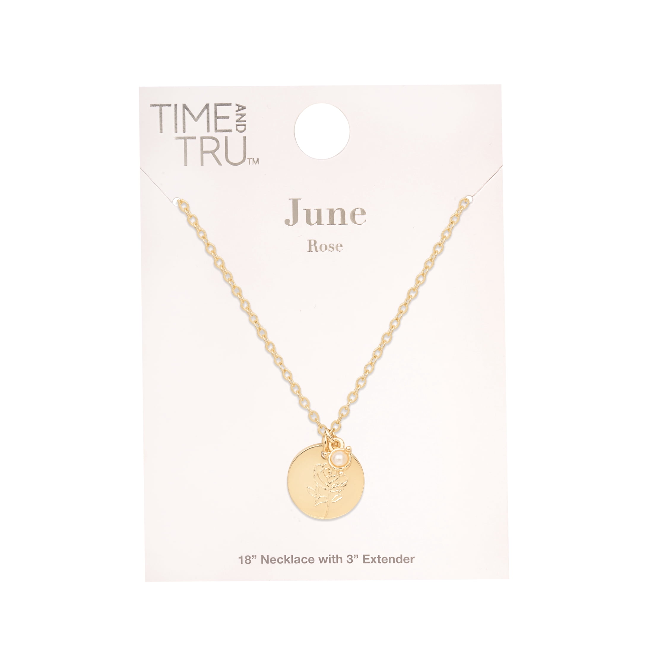 Time and Tru Women’s June Birthstone Necklace, Gold Tone Chain with Pearl Stone & Rose Flower